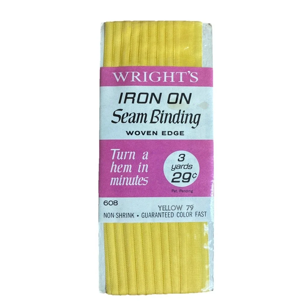 Wright's Iron On Seam Binding‎ Woven Edge 3 yds 608 Yellow 79 Rayon USA Vintage